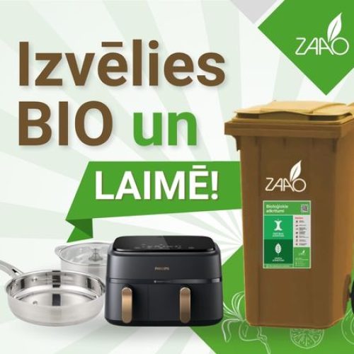 Akcijas “Izvēlies BIO un laimē!” vizuālis ar ZAAO BIO konteineru un balvām – karstā gaisa friteri un nerūsējošā tērauda trauku komplektu.