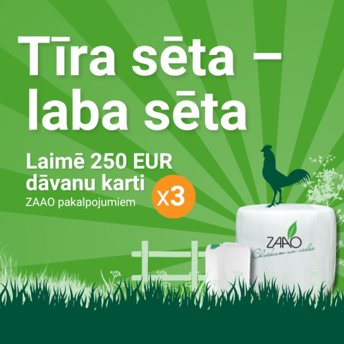 Zaļš akcijas baneris ar tekstu “Tīra sēta – laba sēta”. Attēlā redzams zāliens, kurā ir skābbarības ruļļi un lauksaimniecības iepakojums, kā arī piedāvājums laimēt 250 EUR dāvanu karti ar atzīmi “x3”